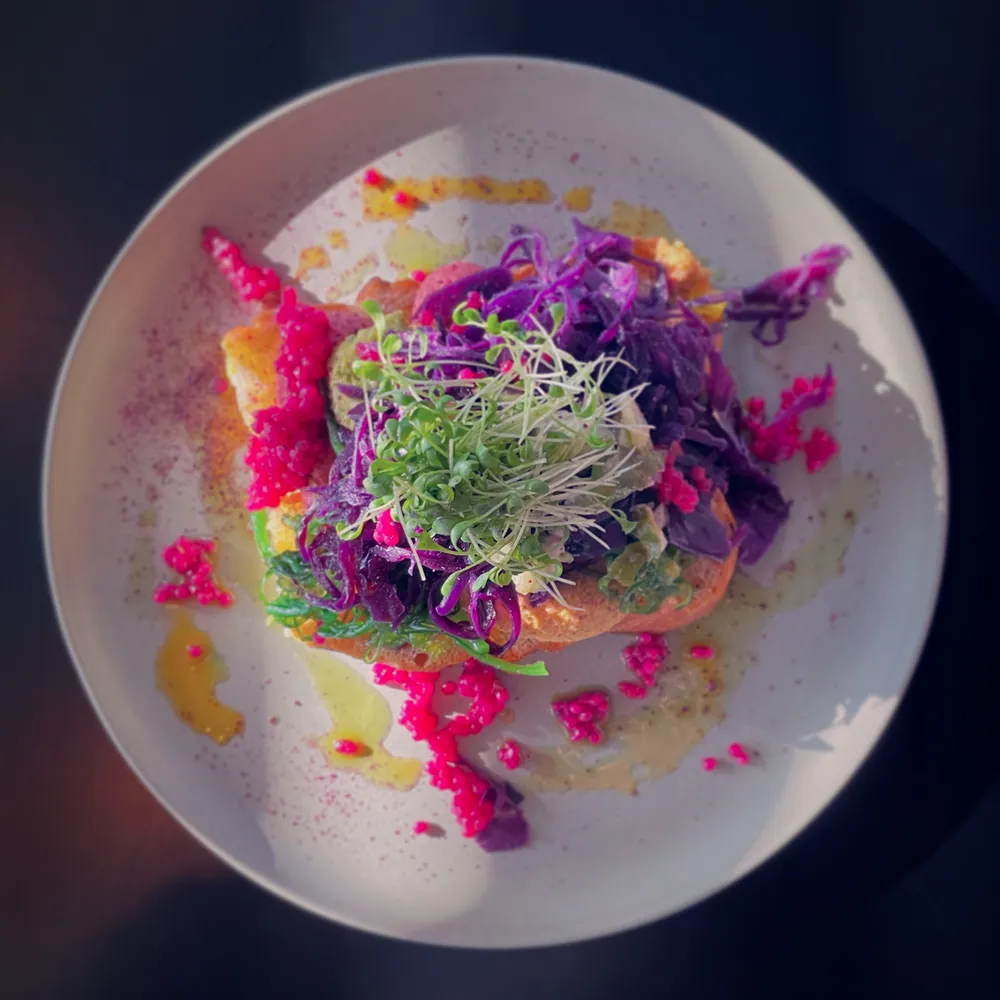 Angerichteter Teller mit pinkem Perlen-Topping, Rotkohl und Microgreens